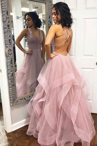Glamorous Tulle V-Neck Prom Dress with Cascading Ruffles