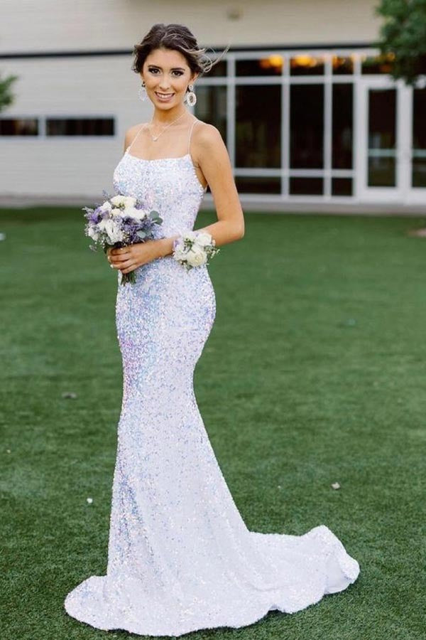 Glittering Mermaid Spaghetti Straps Sequins Long Prom Dress