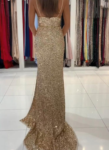 Mermaid Gold Sequins Prom Dress With Slit