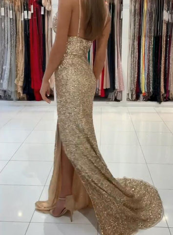 Mermaid Gold Sequins Prom Dress With Slit