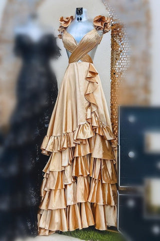 Straps Pleated Layered Ruffled Long Prom Dress