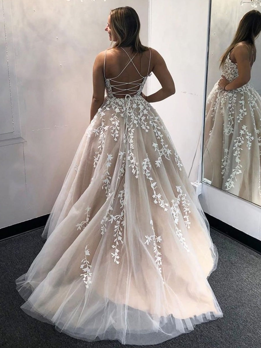 Gorgeous Backless Lace Long Prom with Appliques, Formal Evening Dresses
