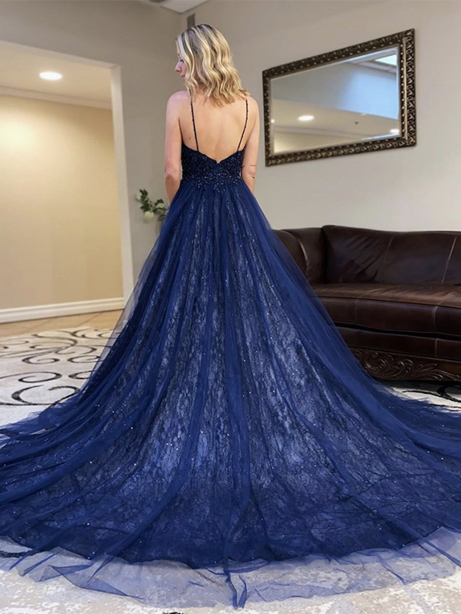 Deep Backless V Neck Sequins Lace Long Prom,  Lace Formal,Evening Dresses