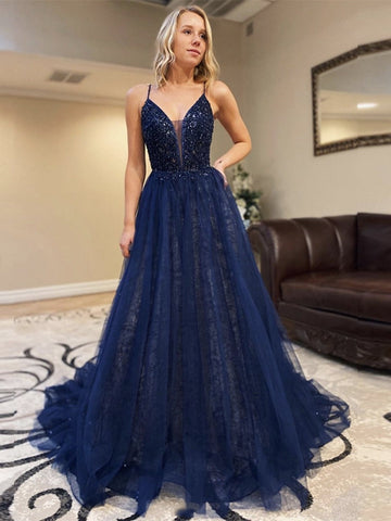 Deep Backless V Neck Sequins Lace Long Prom,  Lace Formal,Evening Dresses