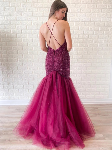Mermaid V Neck Backless Beaded  Prom, Formal, Evening Dress