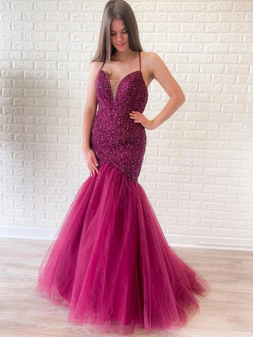 Mermaid V Neck Backless Beaded  Prom, Formal, Evening Dress