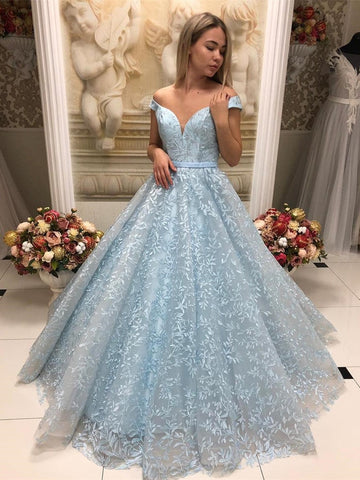 Off Shoulder Lace Long Prom Dresses,Formal Evening Dresses,Ball