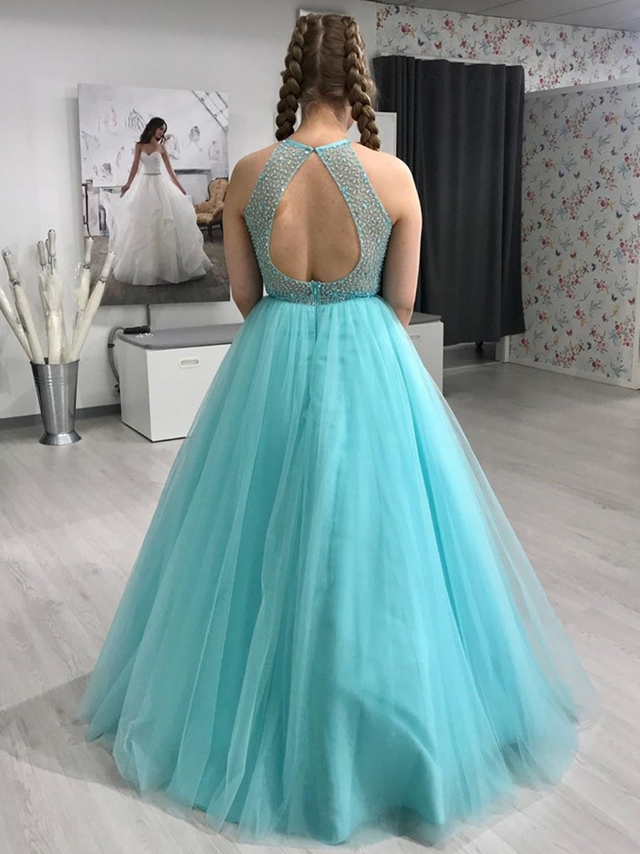 Gorgeous Round Neck Beaded Long Prom, Formal Evening Dresses