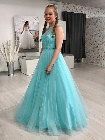 Gorgeous Round Neck Beaded Long Prom, Formal Evening Dresses