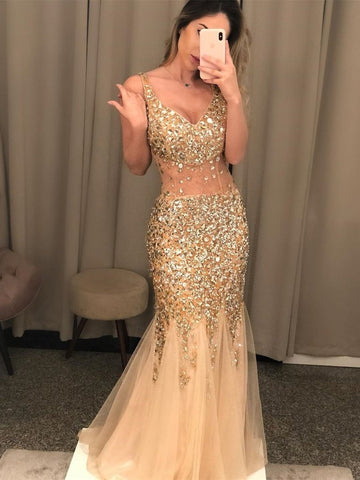 Mermaid V Neck  Long Prom with Rhinestones, Formal, Evening Dress