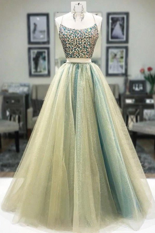 Long Tulle Two Piece Corset Back Beaded  Prom Dress
