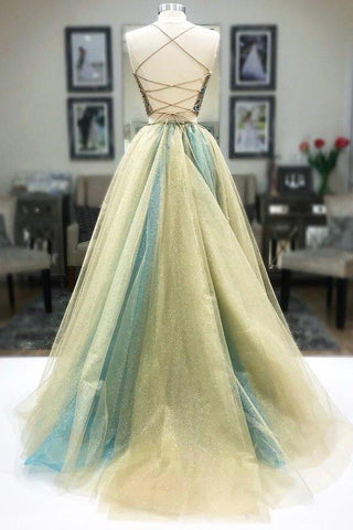 Long Tulle Two Piece Corset Back Beaded  Prom Dress