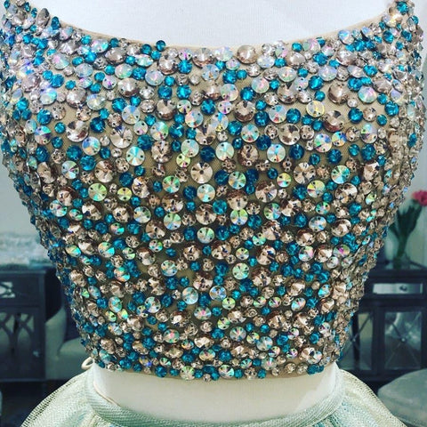 Long Tulle Two Piece Corset Back Beaded  Prom Dress