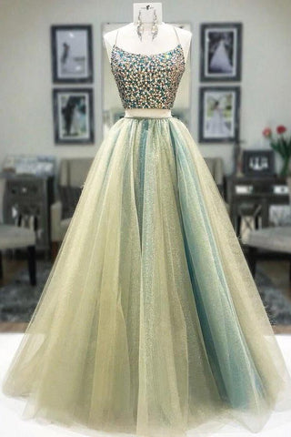 Long Tulle Two Piece Corset Back Beaded  Prom Dress