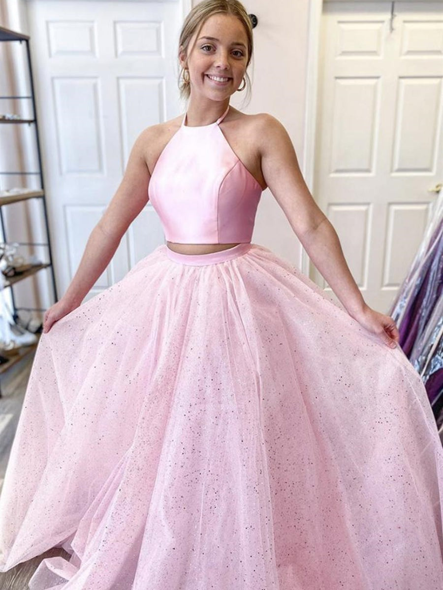 Halter Neck Two Pieces Backless Prom with Sequins, Formal, Evening Dresses