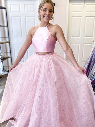 Halter Neck Two Pieces Backless Prom with Sequins, Formal, Evening Dresses