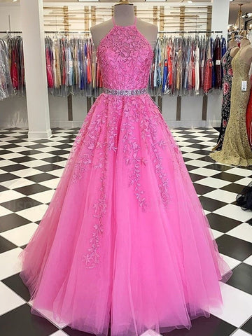 Halter Neck Long  Lace Prom with Belt,  Formal,Evening Dresses