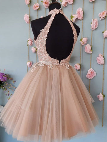 Open Back Halter Neck Lace Short Prom, Formal Graduation Homecoming Dresses