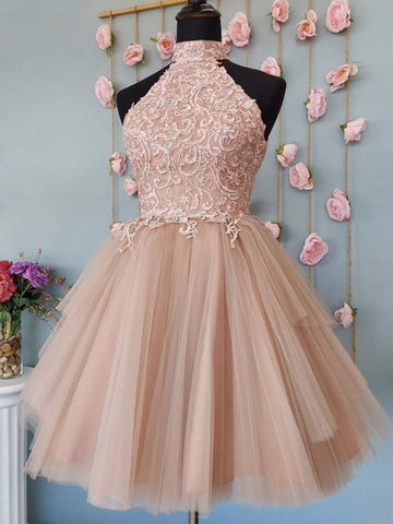 Open Back Halter Neck Lace Short Prom, Formal Graduation Homecoming Dresses
