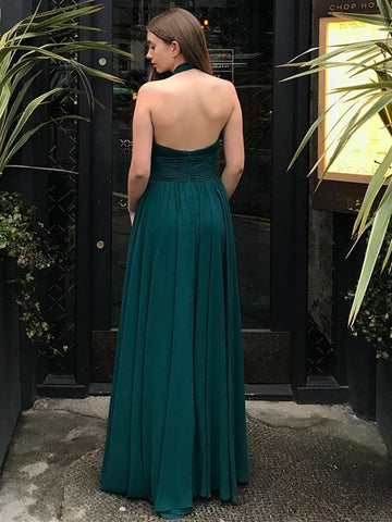 Backless Halter V Neck Chiffon Long Prom, Formal Graduation Evening Dresses
