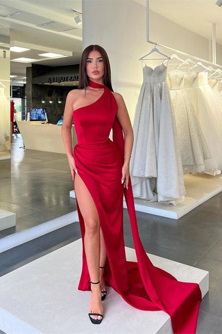 Mermaid High Collar Slit Prom Dress With Ruffles