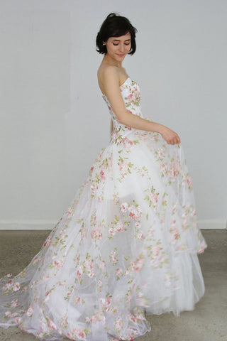 High Low Strapless  Floral Lace Prom, Formal Graduation Evening Dresses
