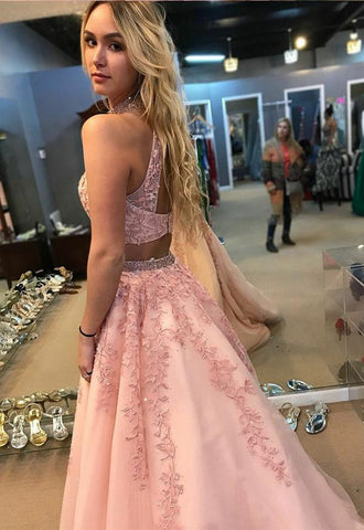 High Neck Two Pieces Lace Appliques Prom Dress