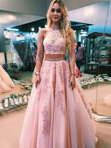 High Neck Two Pieces Lace Appliques Prom Dress