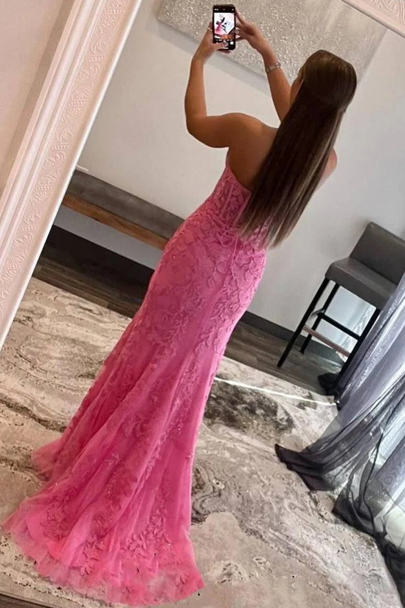 Mermaid  Lace Strapless Corset  Prom Dress with Slit
