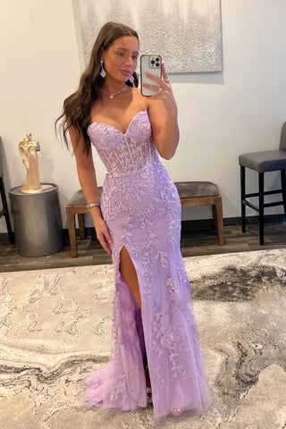 Mermaid  Lace Strapless Corset  Prom Dress with Slit
