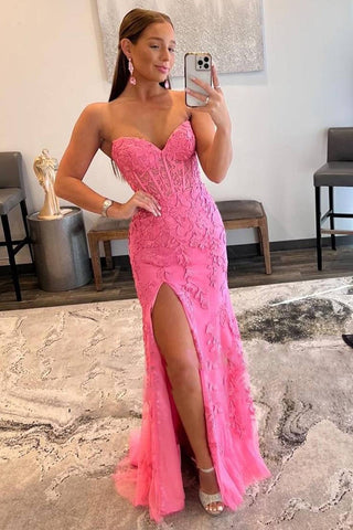 Mermaid  Lace Strapless Corset  Prom Dress with Slit