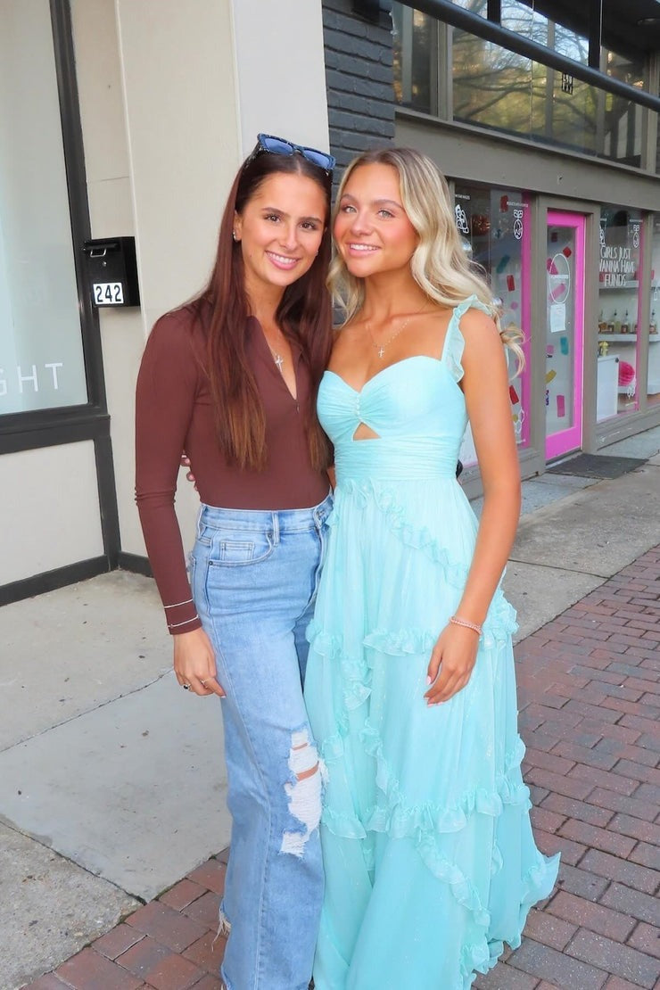 Cute Sky Blue A Line Sweetheart Chiffon Ruffles Long Prom Dress