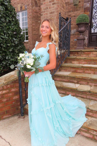 Cute Sky Blue A Line Sweetheart Chiffon Ruffles Long Prom Dress