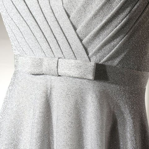 Elegant Sleeveless Light Gray V - Neck Long Evening Gown Prom Dress, SD369