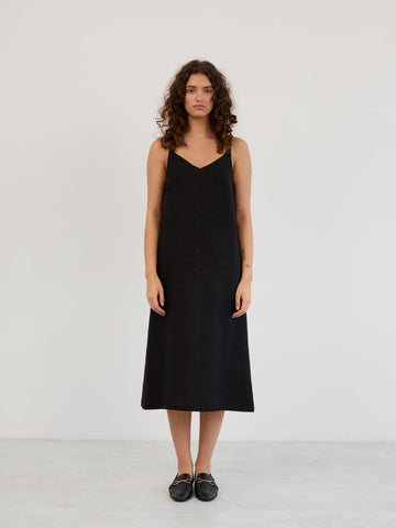 V-Neck Linen Slip Dress with Thin Spaghetti Straps