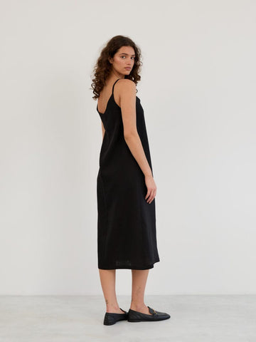 V-Neck Linen Slip Dress with Thin Spaghetti Straps