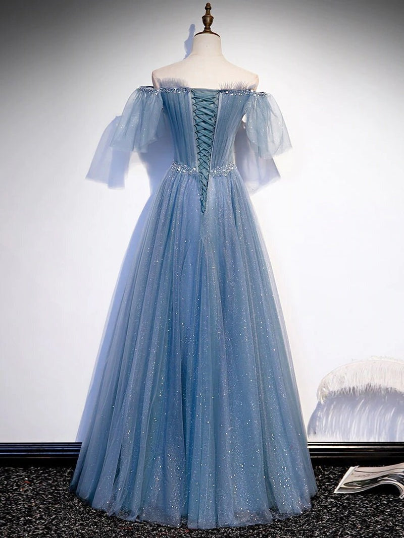 Tulle Flare Sleeves Beaded Sequin  Formal Evening Prom Dresses