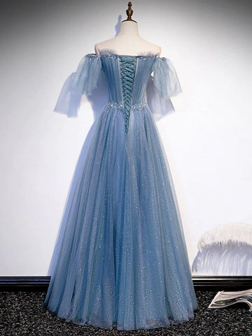 Tulle Flare Sleeves Beaded Sequin  Formal Evening Prom Dresses