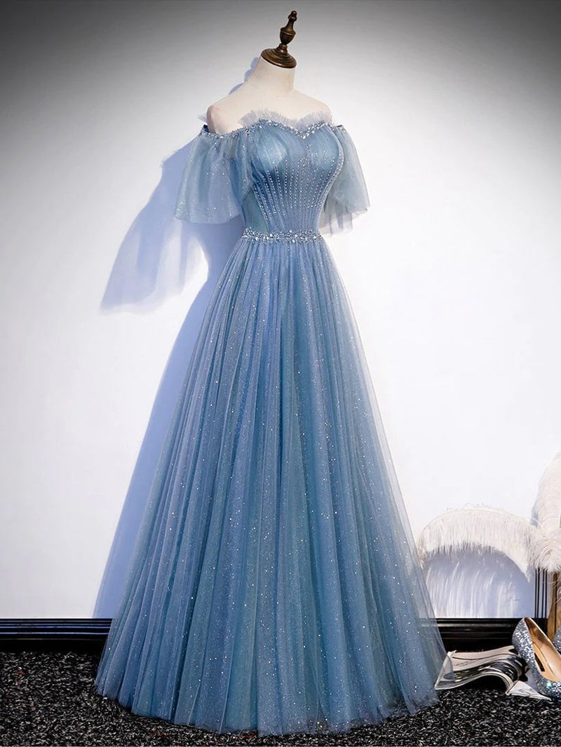 Tulle Flare Sleeves Beaded Sequin  Formal Evening Prom Dresses