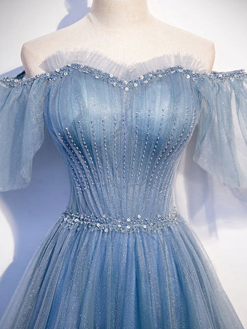 Tulle Flare Sleeves Beaded Sequin  Formal Evening Prom Dresses