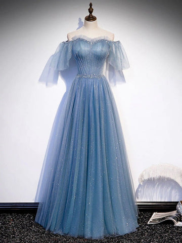 Tulle Flare Sleeves Beaded Sequin  Formal Evening Prom Dresses