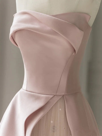 A-Line Sleeveless Satin Floor-Length Evening Gown Slit  Prom Dress with Tulle Strapless