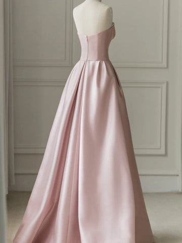 A-Line Sleeveless Satin Floor-Length Evening Gown Slit  Prom Dress with Tulle Strapless