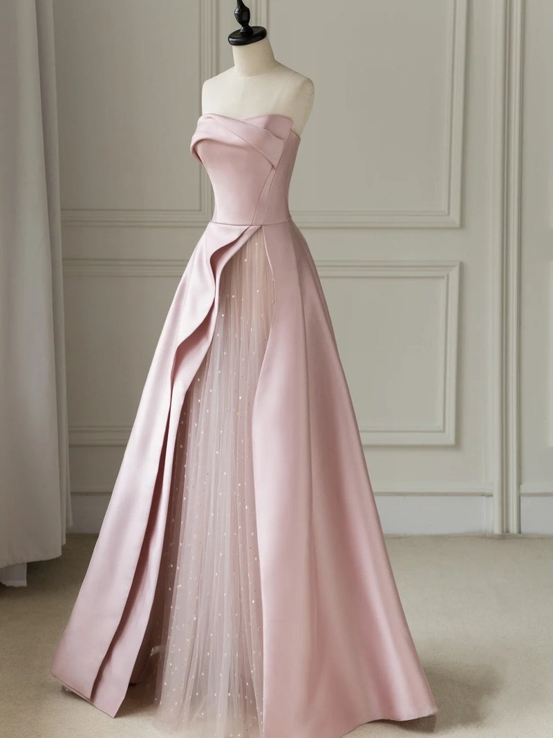 A-Line Sleeveless Satin Floor-Length Evening Gown Slit  Prom Dress with Tulle Strapless