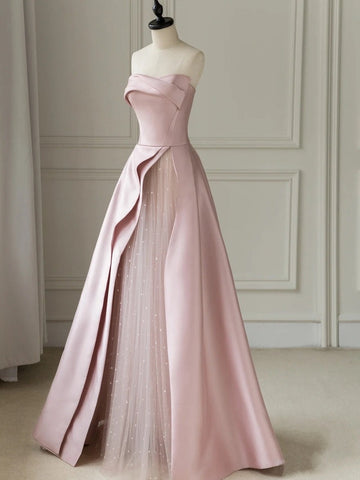 A-Line Sleeveless Satin Floor-Length Evening Gown Slit  Prom Dress with Tulle Strapless