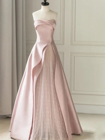 A-Line Sleeveless Satin Floor-Length Evening Gown Slit  Prom Dress with Tulle Strapless