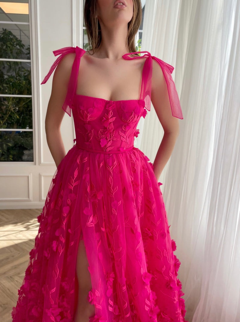A-line 3D Lace  Flower Prom Dress With Slit