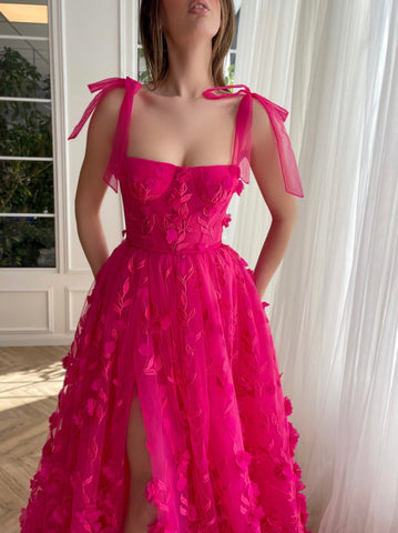 A-line 3D Lace  Flower Prom Dress With Slit
