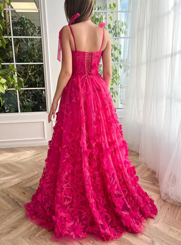 A-line 3D Lace  Flower Prom Dress With Slit