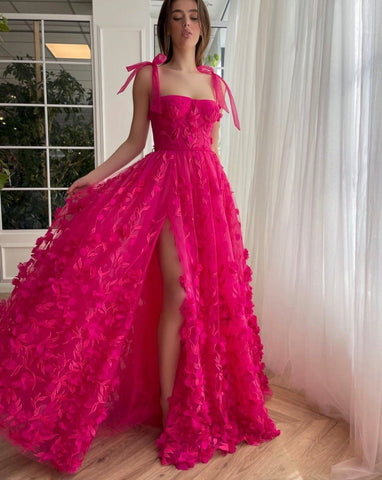 A-line 3D Lace  Flower Prom Dress With Slit